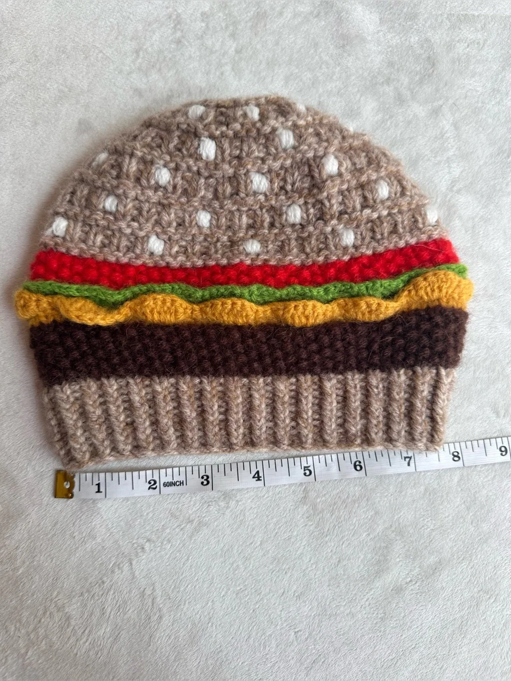 Handmade Kids Beige Hamburger Knit Beanie Hat with Colorful Layers